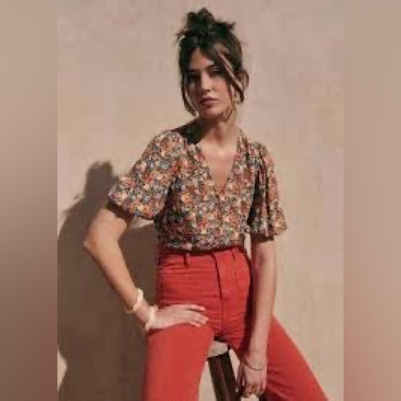Sezane Tops - Sezane Floral V-Neck Flutter Sleeve Blouse in Multi-Color